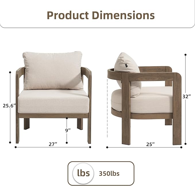 Outdoor Furniture Set, 2Pcs Patio Armchairs, Metal Modern Outside Furniture with 6'' Thick Cushions, Outdoor Conversation Set Balcony Chairs for Backyard, Porch,Deck, Beige COMLAXFIELD