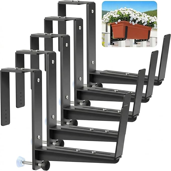 Window Box Brackets, Adjustable Planter Box Brackets, Heavy Duty Iron Flower Box Brackets for Railings, with Enhanced Bottom Support - Perfect for Balconies, Fences, and Gardens (Black, 6 Pack) VOXOR