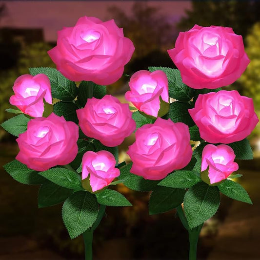 Solar Flower Lights Outdoor - Upgraded New Material Two Modes Realistic LED Solar Powered Waterproof Lights with 5 Roses, Solar Decorative Stake Lights for Garden (Pink, 2 Pack) LightYourLife
