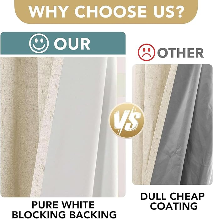 H.VERSAILTEX Linen Curtains 100% Blackout Curtains for Bedroom 90 inch Long Full Light Blocking Nature Linen Blended Window Curtains for Living Room Nickel Grommet (2 Panels, Bleached Sand) HVERSAILTEX