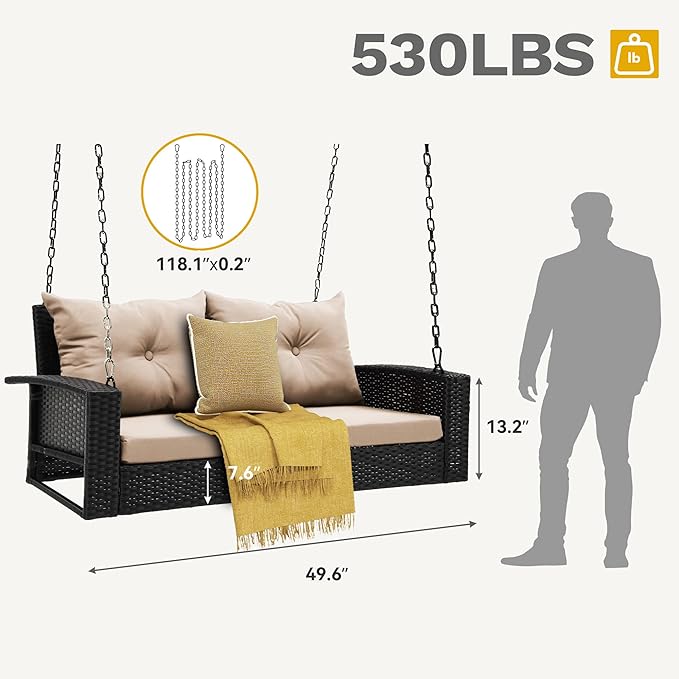 DWVO Hanging Porch Swing Chair Outdoor Wicker Rattan Patio Swing Lounge 2 Seats Cushions Capacity 530lbs for Balcony, Garden, Living Room, Brown Rattan Light Brown Cushion DWVO