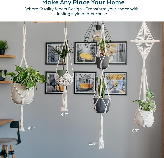Nook Theory 4-Pack Macrame Plant Hangers with 8 Hooks - Hanging Planters for Indoor Plants, Boho Macrame Hangers Indoor Outdoor, Decorative Plant Hanger Indoor (Black) NookTheory