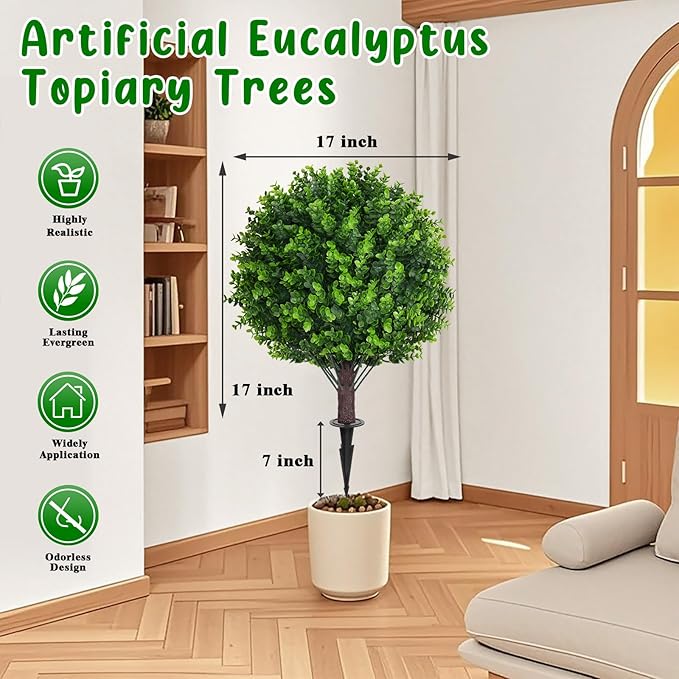 Artificial Topiary Tree with Eucalyptus, Set of 2 Artificial Shrub Bushes with Ground Spike, Fake Evergreen Tree for Porch, Artificial Plants for Outdoor Planters Indoor UV Resistant FEELTHENEWWORLD