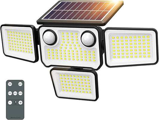 4500LM Solar Lights Outdoor Waterproof, 254 LED Solar Flood Lights Outdoor with 2 Motion Sensor, 4 Heads Security Light with Remote Control for Yard Outside House Garage 1 Pack SZPOWER