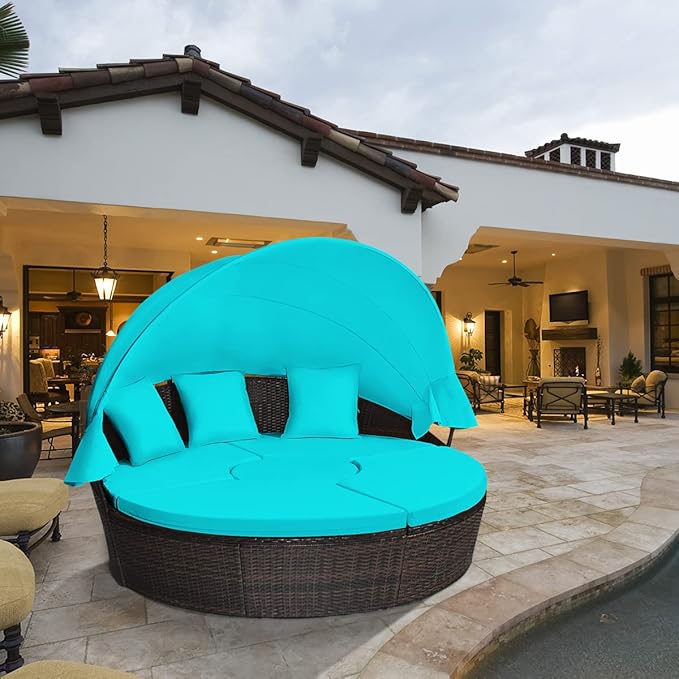 Tangkula Patio Round Daybed with Retractable Canopy, Outdoor Wicker Rattan Furniture Sets, Sectional Cushioned Sofa Set w/Height Adjustable Coffee Table, Rattan Conversation Sets (Turquoise) TANGKULA