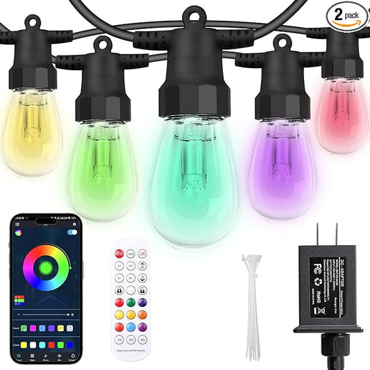 Outdoor String Lights 100FT (2×50FT), Patio Lights with 40 Dimmable RGBW LED Bulbs, IP66 Waterproof & Shatterproof, APP & Remote Control, 24V Adapter, Color Changing Lights for Backyard Decor CAWWS