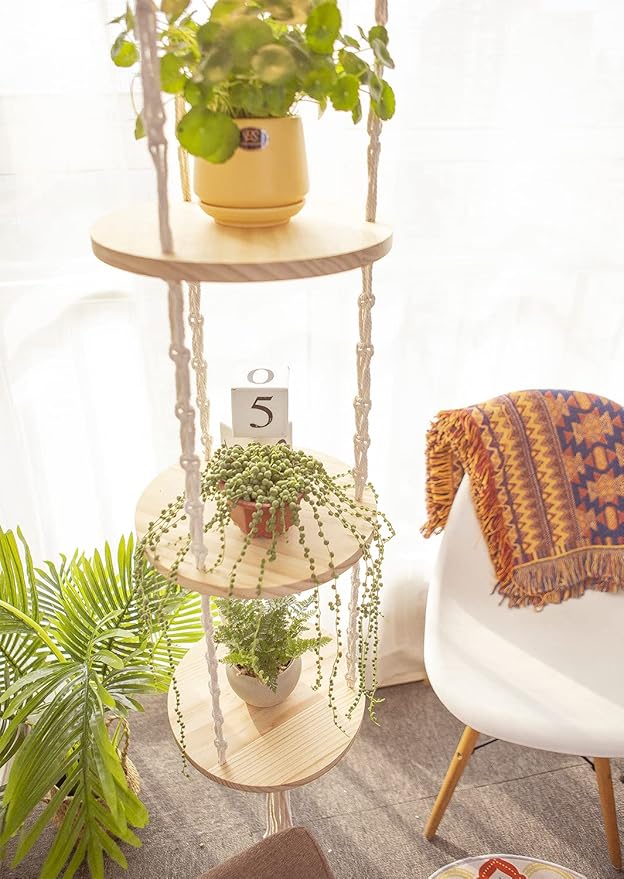 Macrame Plant Hanger Shelf Hanging Rope Shelf Indoor with Boho Lamp Shade 3 Tier Floating Round Shelves Decorative Shelf Flower Pot Holder Planter Display Rack Boho Home Decor-1 Set YKBU