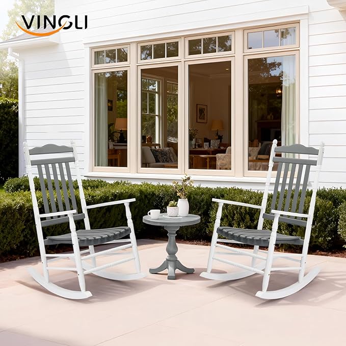 VINGLI Wooden Rocking Chair, Outdoor Chair with 450 lbs Support, Relaxing Rocker with Solid Wood High Back Seat Reclining Seat for Deck, Garden, Backyard, Porch (White & Grey, 1PC) VINGLI