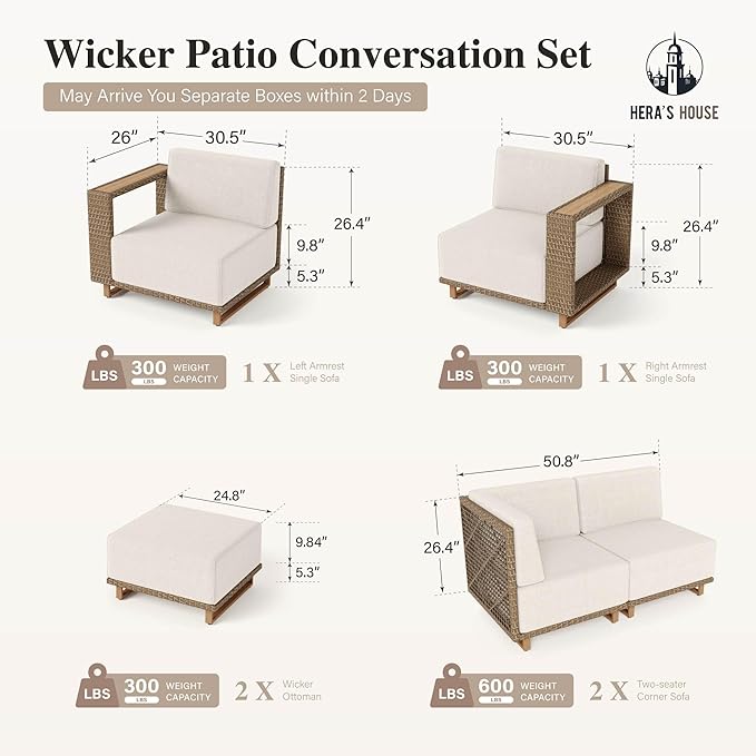 HERA'S HOUSE 8 Pieces Patio Furniture Set, 6 Sectional Outdoor Rattan Wicker Sofas with 2 Ottomans, All Weather Patio Conversation Set with 5.3" Widened Armrest, 10" Premium Ultra Thick Comfy Cushion HERASHOUSE
