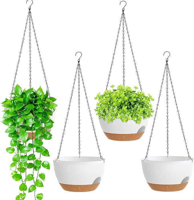 8 Inch Hanging Planters for Indoor Outdoor Plants, 4 Pack White Brown Plastic Self Watering Hanging Baskets with Drainage Holes and Chain for Garden Porch SQKH