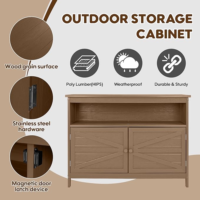 HIPS All-Weather Outdoor Storage Cabinet,Outdoor Sideboard with Magnetic Doors,3-Shelves Patio Storage Cabinet, Used for Garden,Buffet Cabinet,TV Stand, Bar Table,Balcony CONGFUTT