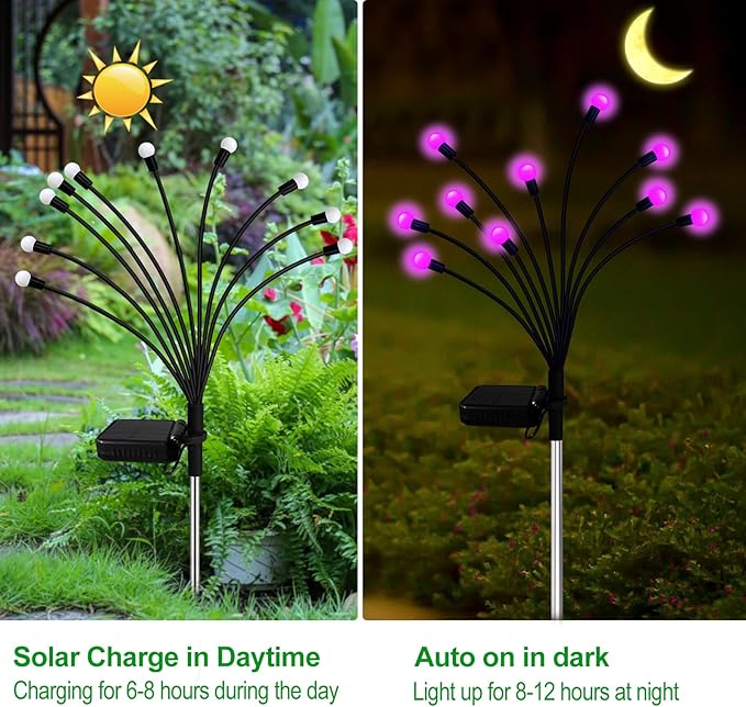 Kohlrabi Solar Garden Lights Outdoor, 6 Pack 60 LED Pink Firefly Lights Waterproof, Sway by Wind, Solar Swaying Light for Yard Patio Backyard Garden Planter Flower Bed Pathway Outdoor Decoration KohlrabiDecor