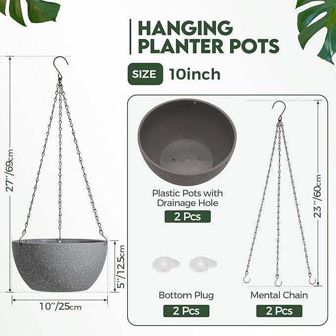 T4U Hanging Planters for Indoor Plants, 10 Inch Hanging Planter Outdoor 2 Pack, Hanging Basket with Drainage Holes, Hanging Plant Holder Indoor, Flower Pots, Plant Pots for Garden, Grey T4U