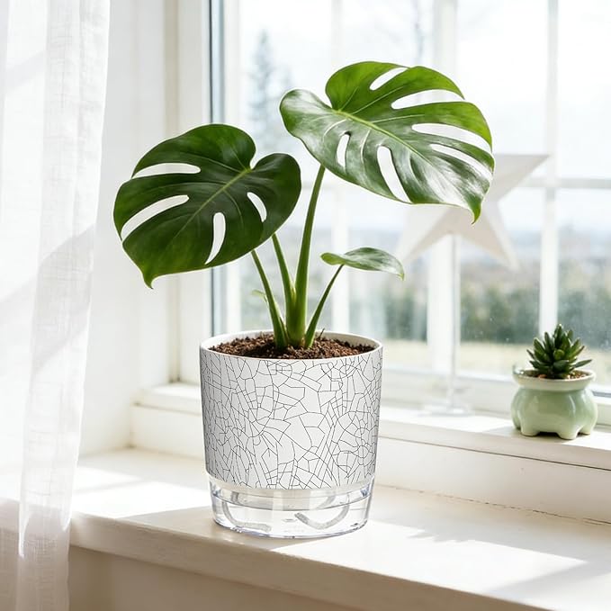 3 Pack Self Watering Pots for Indoor Plants, 4+5.5+6.3 Inch Self Watering Plant Pots, Flower Pots with Wick Rope and Reservoir - Crack Texture Samhe