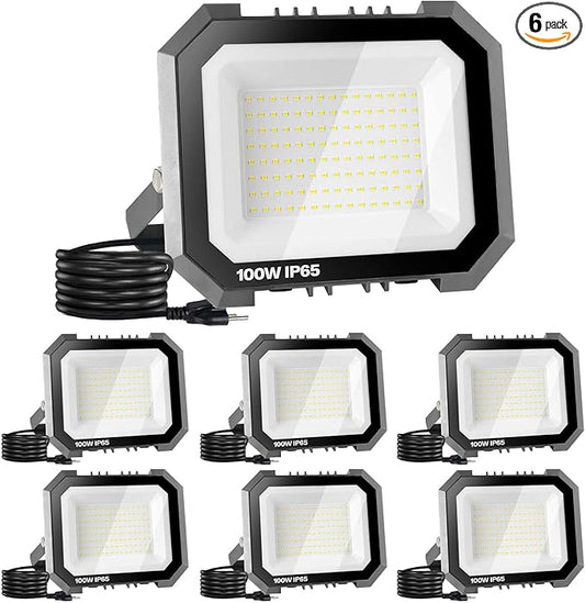 6 Pack LED Flood Lights Outdoor, 100W 10000LM Super Bright Floodlight Outside Work Light with 5.9FT Plug, IP65 Waterproof 6000K Outdoor LED Flood Light for Garage, Yard, Lawn, Garden LEDDICTIVE