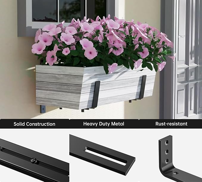 Y&M 2 Pack Adjustable Planter Box Brackets (6 to 12.5 in), Universal Window Box Brackets, Heavy Duty Iron Flower Box Wall Mounting Hooks for Balcony, Fences, Patio, and Garden - Black YM