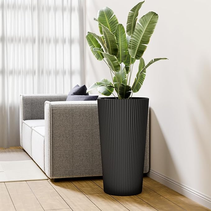 23.6" Tall Planters for Outdoor Plants,Large Outdoor Planters for Front Porch Decor with Drainage Hole, Flower Pots Fits Indoor Plants Patio/Garden, Plastic Striped Black (2 Pack) Outdoorchairs