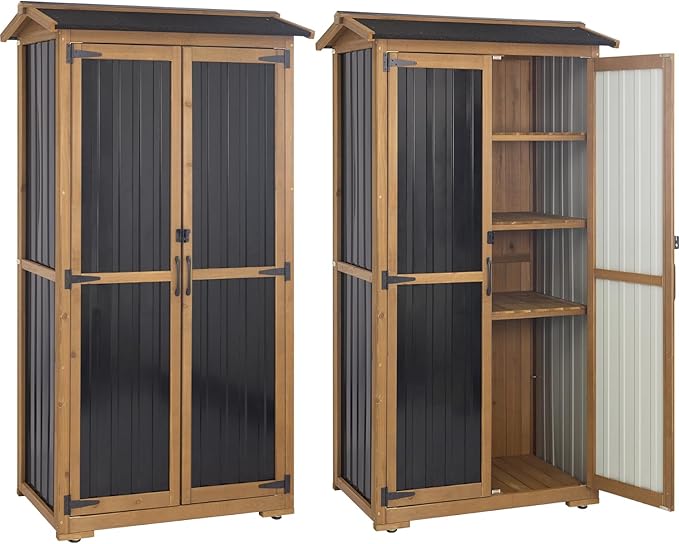 Storage Cabinet Outdoor Garage Cabinets with 3 Adjustable Shelves, Lockable Door, Wood & Metal Weather-Resistant Pantry Cabinet for Patio Garden Home Farm (33.3" Lx 21" Wx 69" H) PETSCOSSET