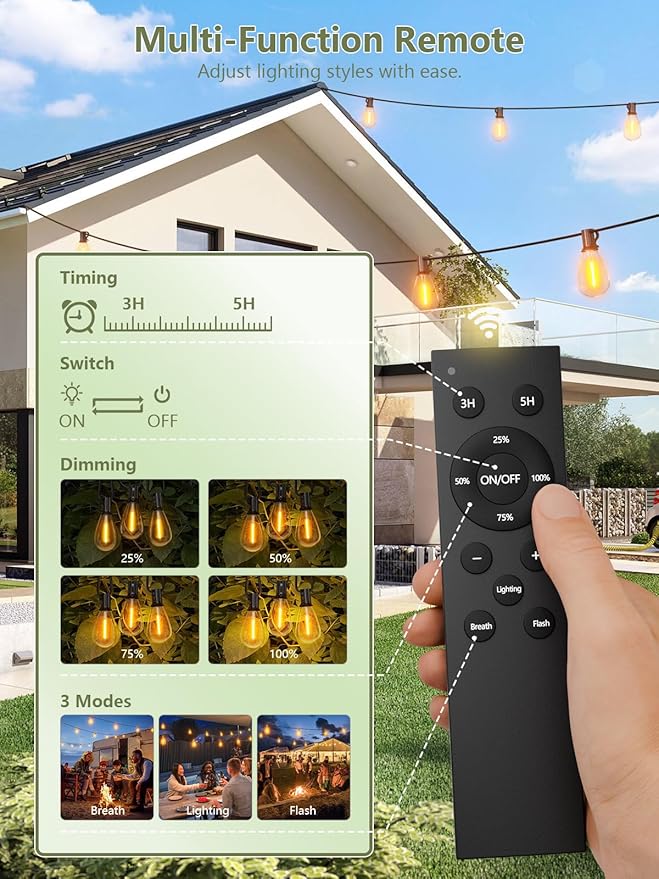 luckystyle 50FT Solar String Lights Outdoor Waterproof 2200K with Remote & USB Charging, 18+1 LED Shatterproof Bulbs, Dimmable & Timable, 3 Light Modes, Long Last for Garden,Patio, Backyard, Camping luckystyle