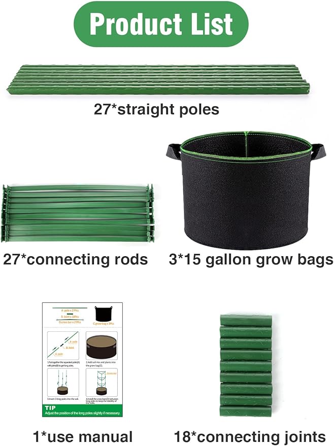 ANPHSIN 3 Sets Tomato Cages with 15 Gallon Grow Bags - 48" Stable Plant Garden Planter, Flowers Vegetable Trellis Pots for Tomato Vertical Climbing Plants Vines ANPHSIN