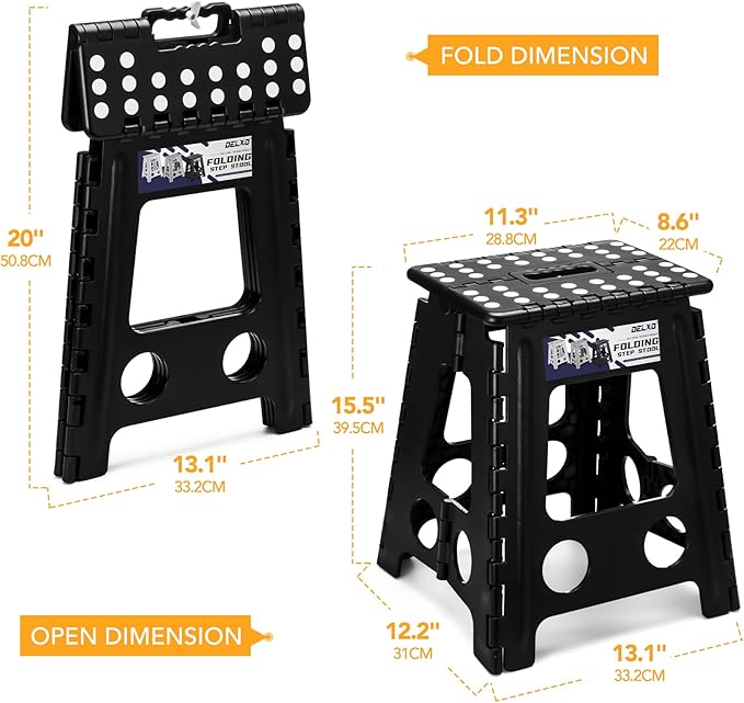 Delxo 16 Inch Folding Step Stool,Foldable Stool for Adults with Safety Lock,Portable Collapsible Plastic Stepstool,Non Slip Folding Stools for Kitchen Bathroom Bedroom Up to 400LBS,(Black 1PC) Delxo
