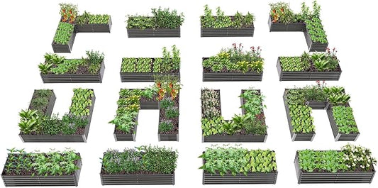 A ANLEOLIFE Set of 16, 18 Inch Tall Galvanized Raised Garden Beds Kit, Rectangular,U-Shaped & L Shaped Metal Planters – Ideal for Backyard Structured Garden Layouts, Quartz Grey AAnleolife