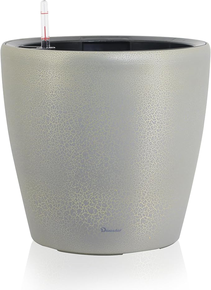 Dexceder 15x14 Self Watering Planter with Wheels Indoor Outdoor, Inner Pot Design, Thickened Large Floor Standing Flower Plant Pot with Water Level Indicator (Grey Gold Crackle) Dexceder