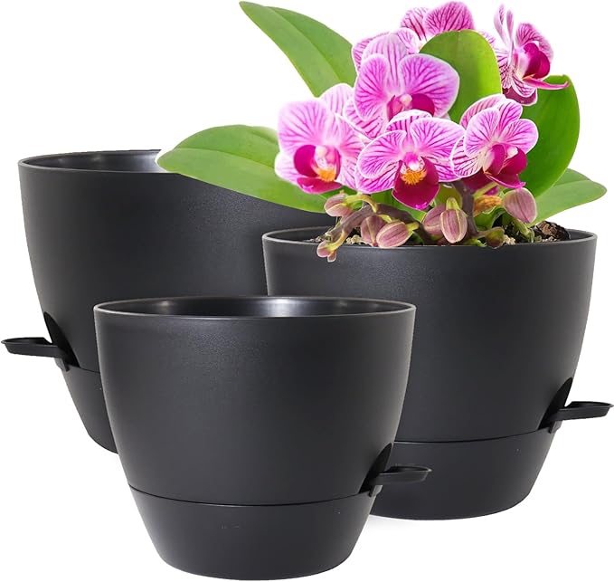 12/10/9 inch Large Self Watering Pots, Planter, Plant Pots with Mesh Drainage Holes for Indoor Outdoor Garden Plants, Plastic Flower Pots with Removable Deep Reservoir, Black WSMKSZ