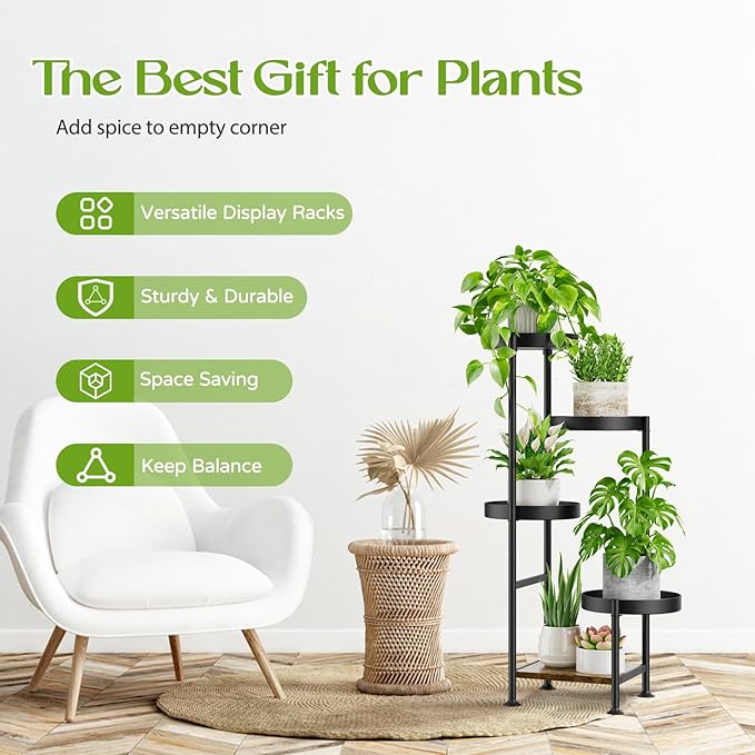 Plant Stand Indoor Outdoor, 5 Tier Metal Flower Pot Shelf Holder Clearance, Tall Corner Rack for Multiple Plants, Modern Organizer Display for Patio Orchid Office Porch Living Room Garden, Black Oppro