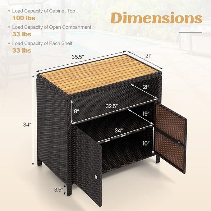 Tangkula Rattan Outdoor Storage Cabinet, Patiojoy Outdoor Cabinet with Acacia Wood Countertop, Open Compartment, 2-Door Wicker Sideboard, Outdoor Bar for Patio Garden Backyard Poolside (Mix Brown) TANGKULA
