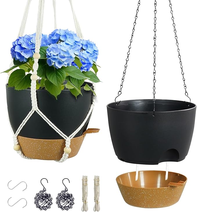 10 inch Self Watering Hanging Planters, 2 Pack Hanging Flower Pots for Indoor Outdoor Plants, Hanging Baskets with Drainage Holes & 2 Kinds of Plant Hangers for Garden Home Decor, Black Brown Meowell