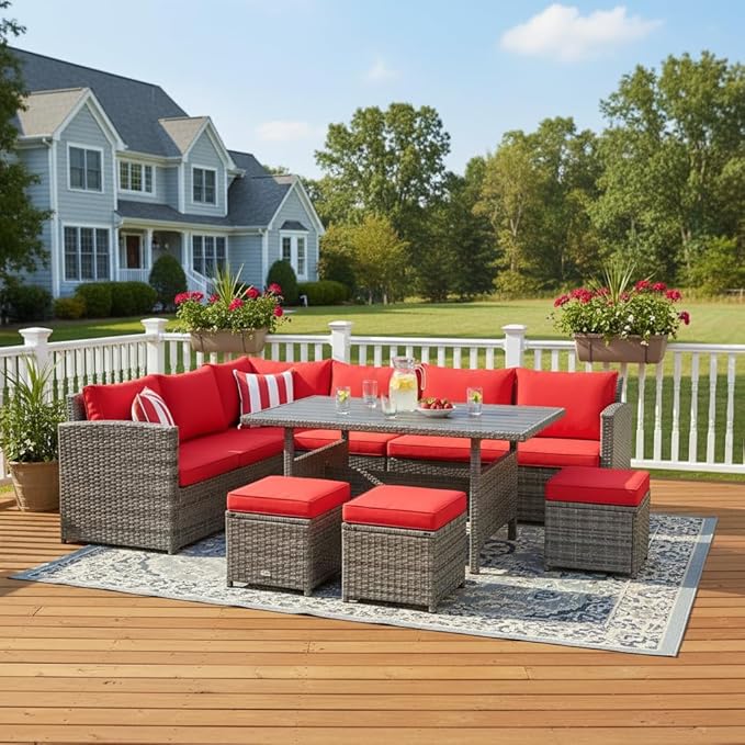 Tangkula 7 Pieces Patio Furniture Set, Outdoor Sectional Rattan Sofa Set with Cushions, All Weather Wicker Conversation Couch Set w/Dining Table & Ottomans for Backyard Garden Poolside TANGKULA