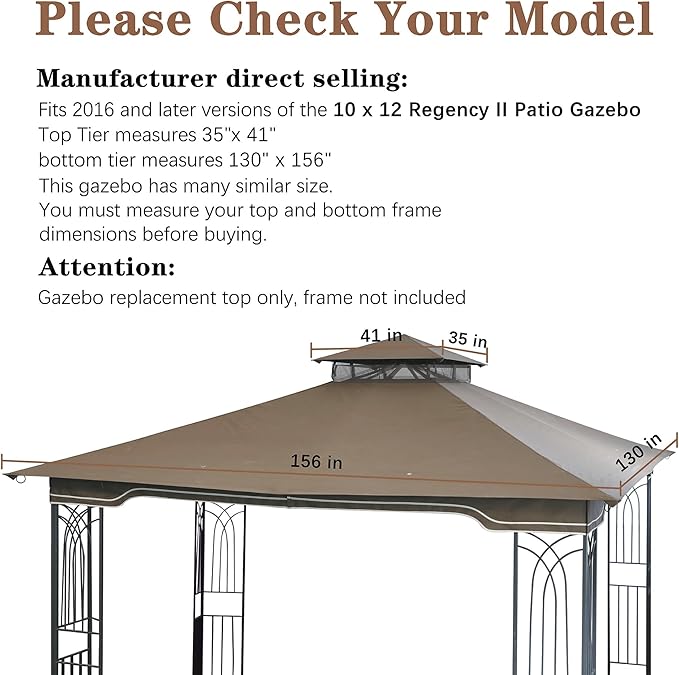 SCOCANOPY Replacement Gazebo Canopy for 10 x 12 Regency II Patio Gazebo Model L-GZ798PST,L-GZ798PST-E,A111014400,A101004104,A101004105 (Khaki) SCOCANOPY
