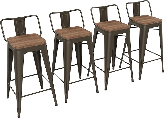 Yongchuang 24 inch Bar Stools Set of 4 Metal Counter Height Bar Stools with Wood Seat Kitchen Low Back Barstools Gunmetal YongchuangInternational