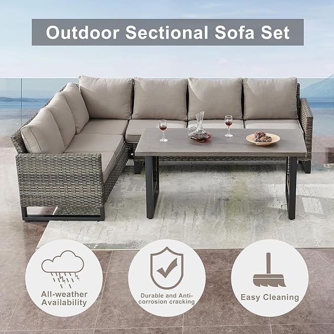 Belord Patio Sectional Furniture Set with Fire Pit Table: 8 Pieces Wicker Patio Conversation Set with L Shaped Sofa, Outdoor Swivel Glider Rocker, Rattan Ottomans, Removable Cushions Grey Belord