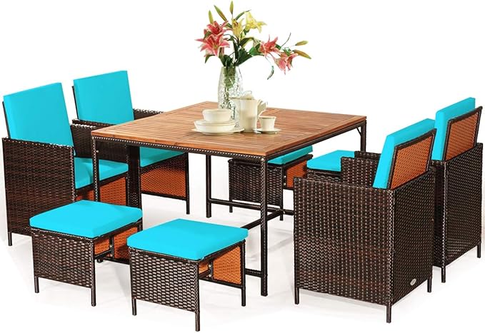 Tangkula 9 Pieces Acacia Wood Patio Dining Set, Space Saving Wicker Chairs and Wood Table with Umbrella Hole Outdoor Furniture Set, Suitable for Garden, Yard, Poolside, Outdoor Seating Set TANGKULA