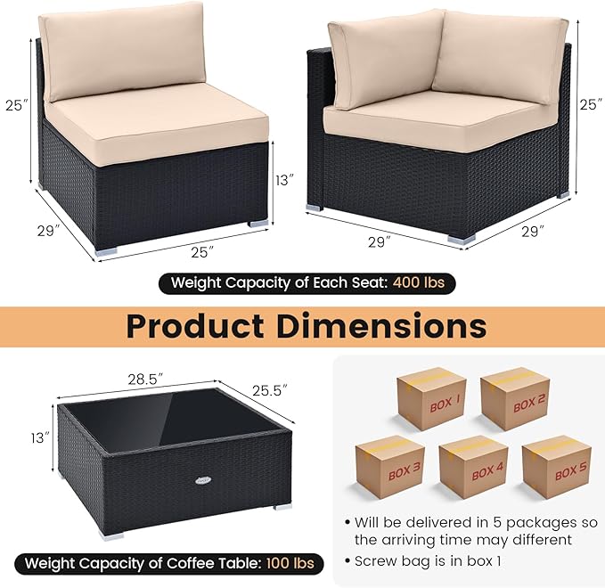 Tangkula 10 Pieces Patio Sofa Set, Outdoor Wicker Conversation Set with Soft Cushions, Tempered Glass Tabletop, Sofa Fastener Clips Included, Rattan Furniture Set for Backyard, Poolside (Beige) TANGKULA