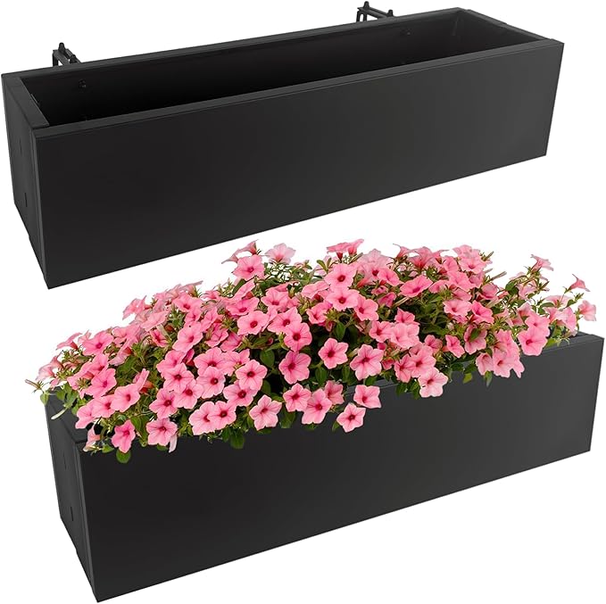 2 Pack Metal Railing Planter Box, 30 Inch Balcony Planters with Adjustable Brackets, Large Hanging Planters for Outdoor Fence Deck TISUWING