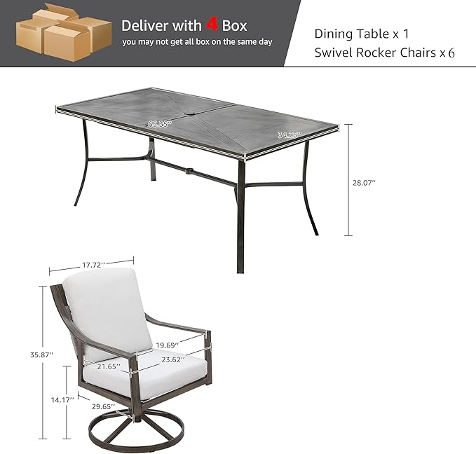 NATURAL EXPRESSIONS 7 Piece Patio Dining Table Outdoor Furniture Set for 6, 6Pcs Swivel Patio Dining Chairs with Olefin Cushions, 65”Large Dining Table with Umbrella Hole NaturalExpressions