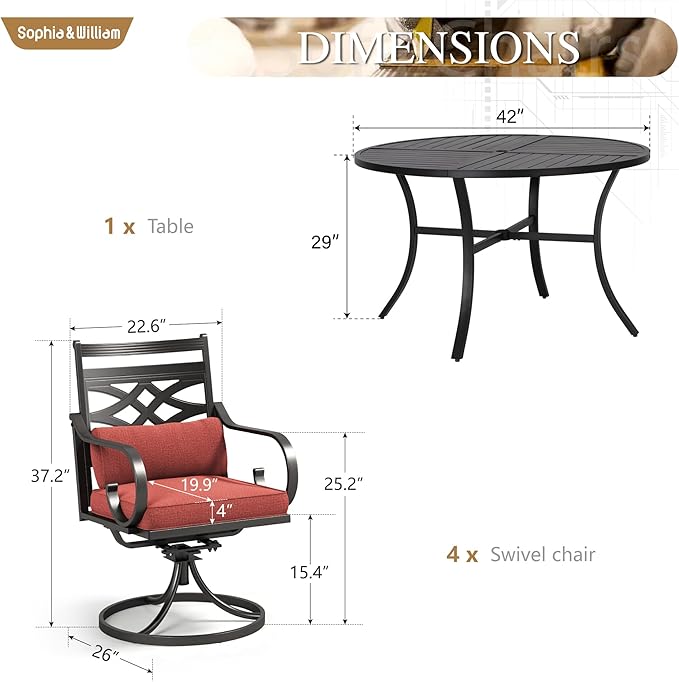 Sophia and William Swivel Outdoor Patio Dining Set for 4, Outdoor Table and Chairs, Removable Seat Cushions, Black 42" Round Patio Dining Table,Red SophiaWilliam