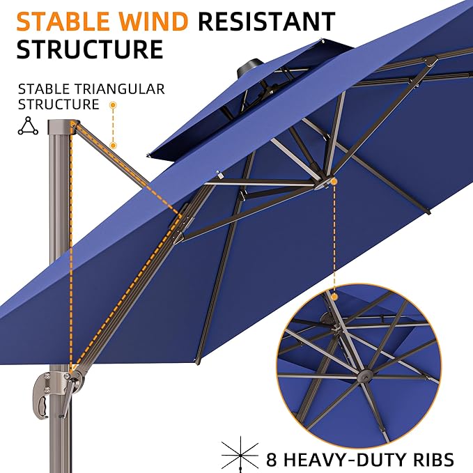 10' X 13' Outdoor Patio Umbrella Large Rectangle Cantilever Umbrella Heavy Duty 360°Rotation Offset Umbrella for Garden Deck Pool Patio,Navy Blue ORYNTREX