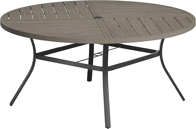 VICLLAX Round Patio Table with Adjustable Umbrella Hole for 8, All Weather Metal Outdoor Dining Table for Lawn Garden, 59.8" Outdoor Coffee Table, Grey Wood-Like Tabletop HOME