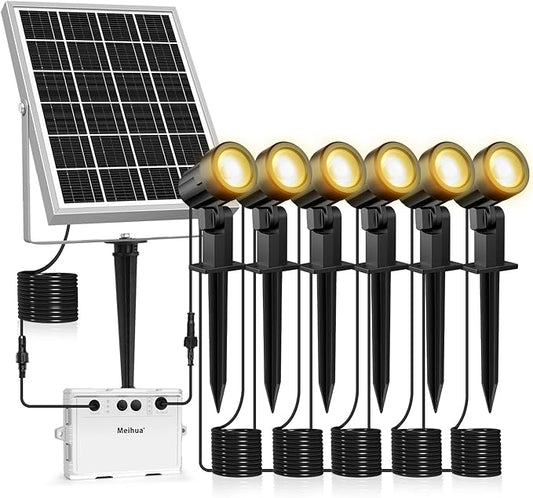 MEIHUA Solar Spot Lights Outdoor, 6 in 1 Solar Landscape Spotlights 2700K Warm White, 3 Lighting Modes & 3 Brightness, IP66 Waterproof Spotlights Outdoor Garden for Pathway Driveway Yard Tree MEIHUA