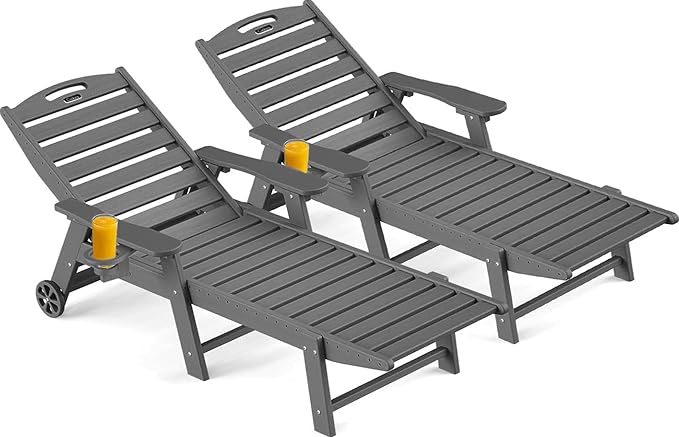 Ciokea Outdoor Chaise Lounge Chair Set of 2, Patio Lounge Chairs for Outside, HDPE Lounge Chairs with Wheels & Cup Holder, Poly Lounge Chair with 5 Position for Poolside, Deck, Dark Grey CIOKEA