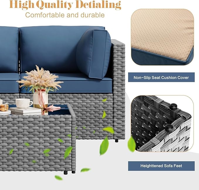JAMFLY Patio Furniture Sets, 6-Piece Outdoor Patio Furniture with 43'' Propane Gas Fire Pit Table, Wicker Outdoor Conversation Set Sectional Sofa for Backyard, Poolside, Garden(Blue Cushion) JAMFLY