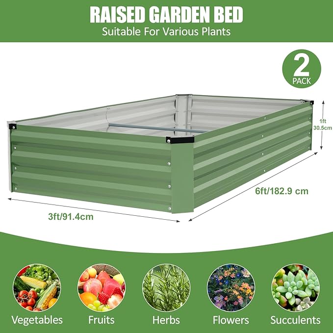 Galvanized Raised Garden Bed Outdoor | Metal Raised Garden Bed for Gardening 2Pack | Large Planter Box for Vegetables Flowers Fruits | Easy Assembly & Safety Design Flower Beds 6x3x1ft Olive Green Zettfuly