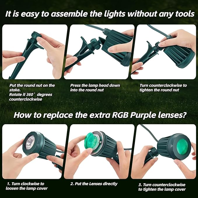 Spotlight Outdoor – 120V Plug-In, 6500K Cool White LED Landscape Lighting with RGB Purple 4 Color Lenses for Yard, Garden, Lawn & Tree Decor on Holidays&Everyday, IP67 Waterproof (4 Pack,Green) Holeva