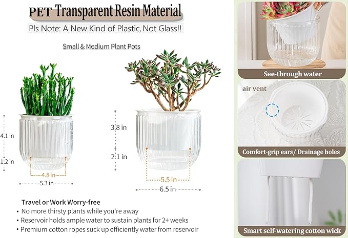 Melphoe Self Watering Pots for Indoor Plants Planter, 6.5/5.3 Inch 2 Pack Planters Self Watering Plant Pots for Flower, Houseplants, Succulent, African Violets and Cactus with Drainage Melphoe