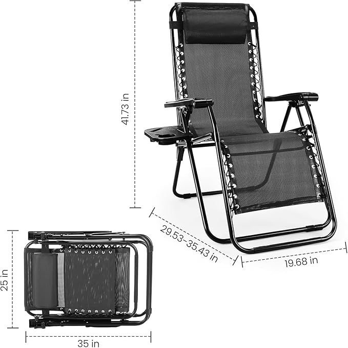 Sweetcrispy Zero Gravity Chairs, Set of 4 Portable Recliner Beach Camping Patio Outdoor Folding Lounge Chair with Cup Holder Trays and Adjustable Pillow for Poolside, Garden, Backyard, Lawn (Black) Sweetcrispy