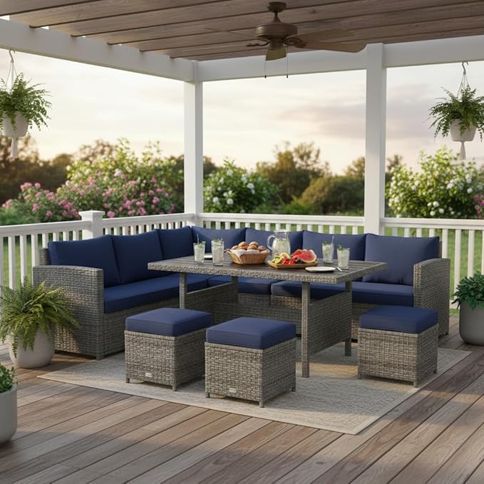 Tangkula 7 Pieces Patio Furniture Set, Outdoor Sectional Rattan Dining Sofa Set with Cushions, All Weather Wicker Conversation Couch Set with Dining Table & Ottomans for Yard Garden Poolside, Navy TANGKULA